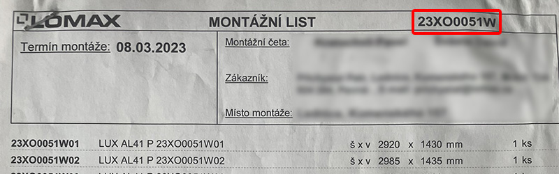 Ukázka čísla zakázky v montážním listu