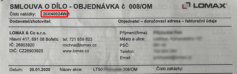 Ukázka čísla zakázky ve smlouvě
