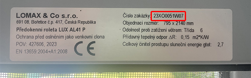 Ukázka čísla zakázky na štítku výrobku