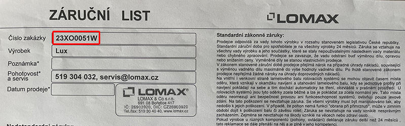 Ukázka čísla zakázky v záručním listu