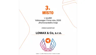 Certifikát pre LOMAX za 3. miesto v súťaži Volkswagen Firma roku 2026 Juhomoravského kraja