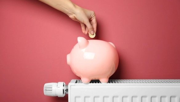 Pokladnička prasiatko stojí na radiátore ako symbol úspory za energie